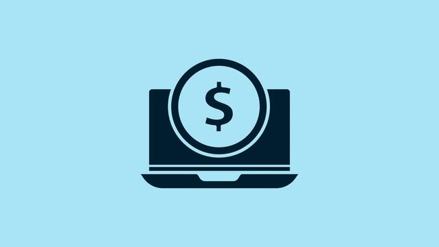 Blue Laptop with dollar symbol icon isolated on blue background. Online shopping concept. Earnings in the Internet, marketing. 4K Video motion graphic animation