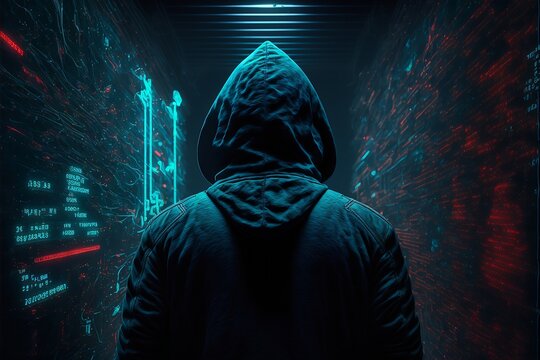 Back view of hacker in dark blue light room, Generative ai artwork