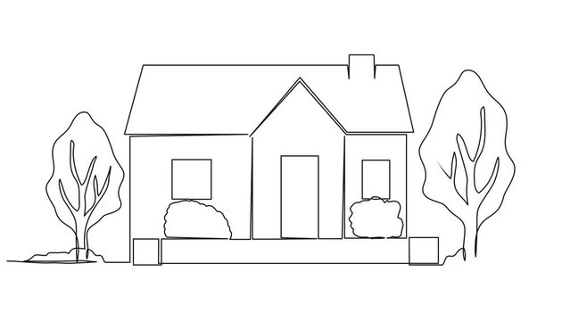 animated continuous single line drawing of small single-familiy home with trees in yard, line art animation