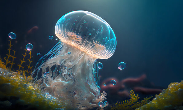 Transparent realistic jellyfish close-up on a sea background with air bubbles,algae and copyspace.AI generated.