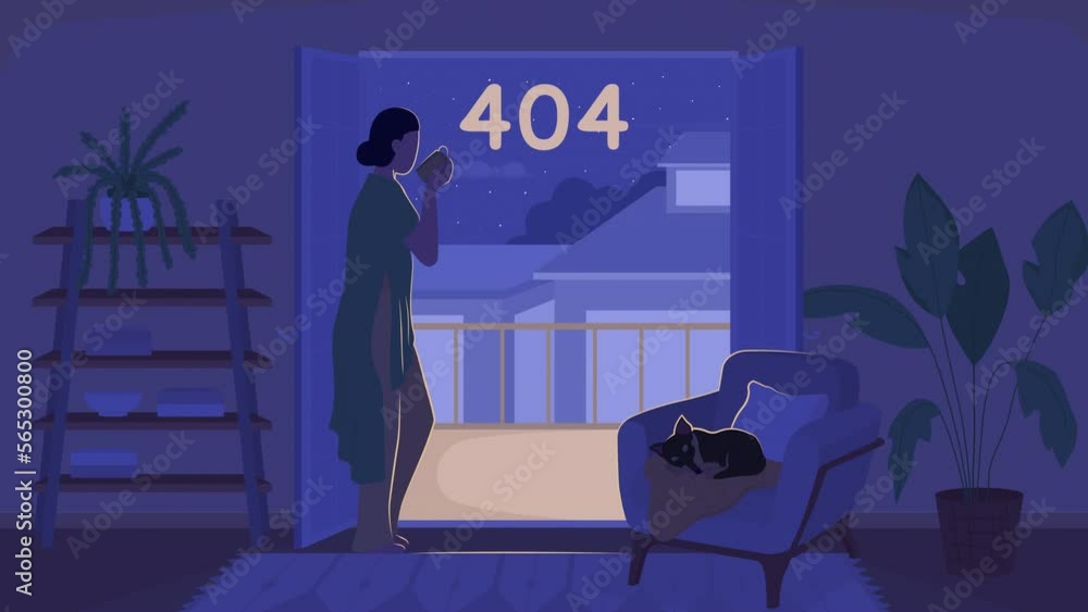 Poster animated 404 error cozy night loader. woman drinking tea. sleeping pet. looped flat color 2d cartoon