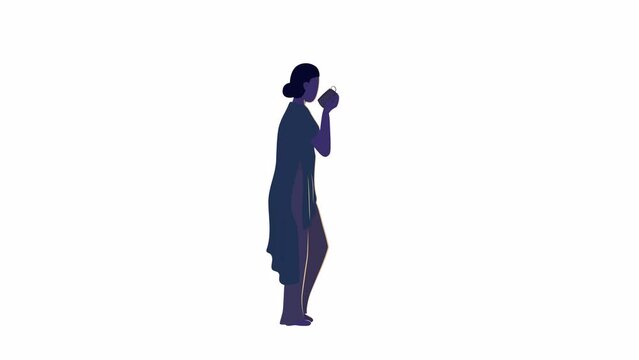 Animated cozy woman drinking tea. Lady with cup. Full body flat person silhouette on white background with alpha channel transparency. Color cartoon style 4K video footage of character for animation