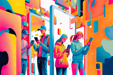 Illustration of young people stand with gadgets in cyberspace. Virtual reality and metaverse concept. Colorful drawing in flat style. Generative AI
