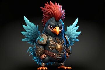 Cute rooster in warrior mascot costume on black background. 12 Chinese zodiac signs horoscope concept. Generative AI