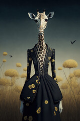A giraffe in a black dress and glamorous make-up stands in a field. Generative AI.