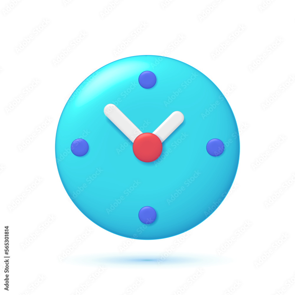 Poster clock icon in flat style. 3d clock face. cartoon timer on blue background. business watch. vector de