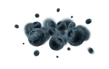 Collection of Blueberry explosion isolated on white background. Selective focus
