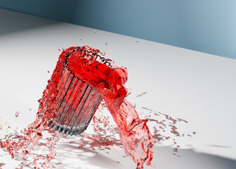 Abundance of red juice overflowing out of ribbed glass which is suspended in mid air. White and blue studio background. No people.