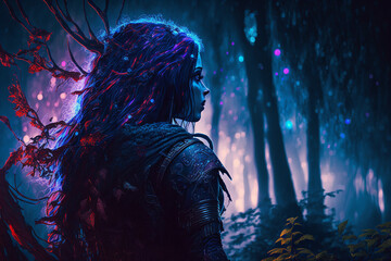 Dark Female Elf Walking in a Surreal Magical Forest.