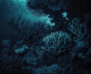 Fototapeta na wymiar Deep underwater atmosphere. Large coral reef , seaweed and deep water fish on dark background. Generative AI
