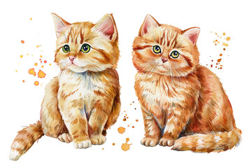 Tow red cats on an isolated white background. watercolor illustration, cute kitten hand drawing © Hanna