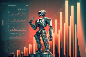Fototapeta na wymiar Roboter erklärt AI mit Charts Future Digital Art Hintergrund Background Generative ai Illustration Chart Whiteboard Demo Brainstorming