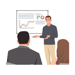 Young man doing presentation. Group of business workers smiling happy and confident in a meeting. Flat vector illustration isolated on white background