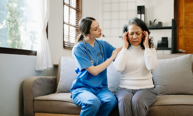 Psychology, depression. Suffering asian old woman, consulting with psychologist, psychiatrist while patient counseling mental problem. Encouraging, therapy