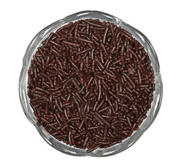Chocolate sprinkles, granules in glass bowl isolated on white, top view 