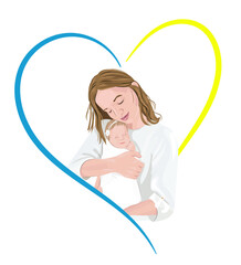 War in Ukraine. Mather whith baby on her hand.