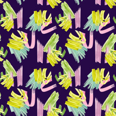 Seamless pattern of purple, green, pink paint stroke watercolor isolated on violet.