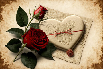 Rote Rosen vor einem mit Ornamenten verzierten Herz auf altem Pergament - 565304641
