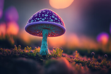 Fantastic purple mushroom in the forest. Generative AI.