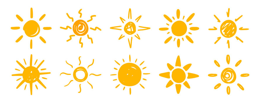 Sun doodle icons design bundle collection. Hand drawn nature heat symbol.