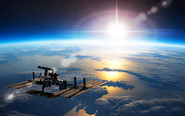 International Space Station ISS Orbiting over Earth. 3D Illustration. - 565305612