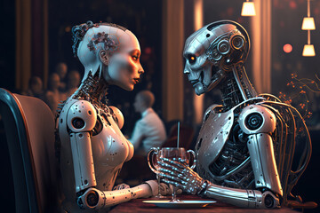 couple of lovers humanoid robots on a romantic date. Valentine's Day with love. Generative AI illustration