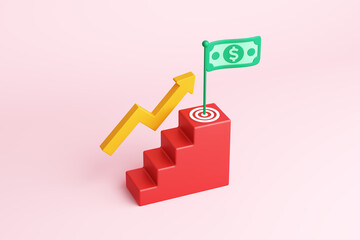 Obraz na płótnie Canvas 3D object stair, indicator graph arrow, archery target with banknote symbol flag dollar. Business finance and profit investment successful goal win marketing strategy. clipping path. 3D Illustration.