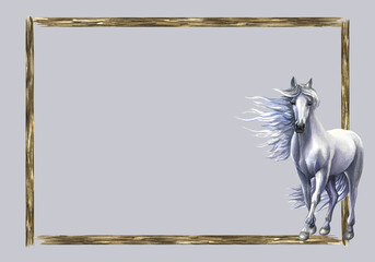Wooden frame with a horse. Watercolor drawing. Photo frame design isolated on background. Background for presentations. © ANTONINA MASLOVA