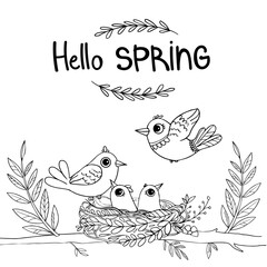 Hand drawn birds in nest with chicks