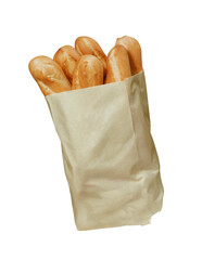 Fresh baguette breads on paper bag isolated on transparent layered background.