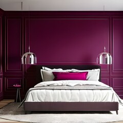 Bedroom in dark tone burgundy and viva magenta color trend 2023 year