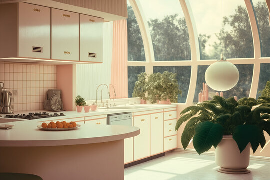 Retro Futura 1970s Kitchen With White And Pastel Pink Colors With Beautiful Scenic View