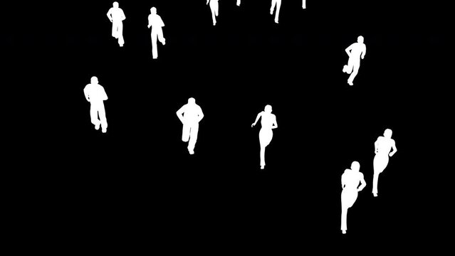 Silhouettes of people are walking on a black background