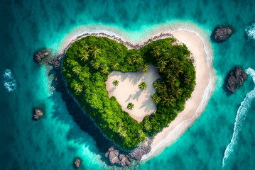 Tropical Island Heart shape with sand beacht an turquoise water