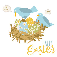 Easter cheerful postcard with the image of birds in a nest with painted eggs. Where are ours. Design elements for postcards, flyers, banners, flyers. Delicate shades, cute illustration. Vector
