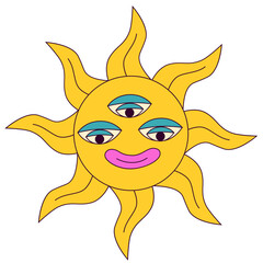 Abstract esoteric psychedelic sun icon. Trippy hippie 1970 style third eyes sun smile. Y2k lsd nostalgia sticker. Positive vintage vibe. Mystic and funky. For card flyer. Vector illustration.