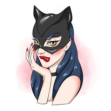 Beautiful kitten girl wearing fetish mask in vitage pin up style hand drawn illustration