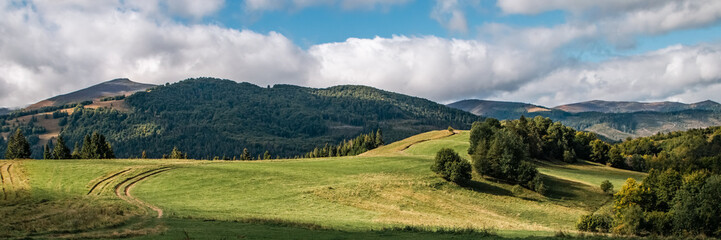 Fototapeta na wymiar Beautiful mountain landscape panorama view of a mountain range with forested hillsides, meadows covered with grass, clouds in the blue sky on a sunny day. Ecotourism