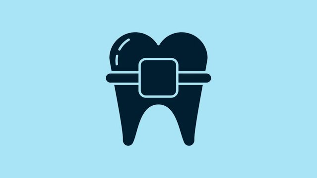 Blue Teeth with braces icon isolated on blue background. Alignment of bite of teeth, dental row with with braces. Dental concept. 4K Video motion graphic animation