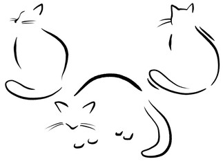 Isolated cat silhouettes without background, line art style