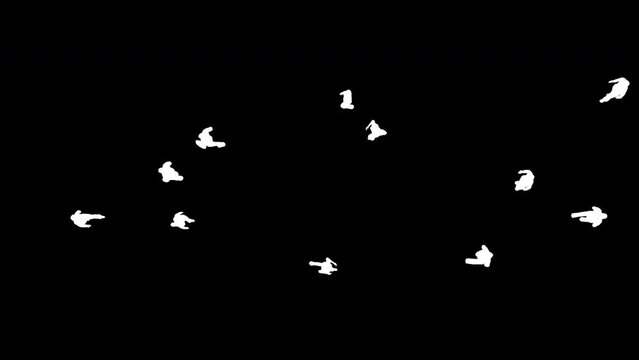 Silhouettes of people are walking on a black background