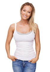 Obraz premium A gorgeous young woman smiling at the camera with her hands in her pockets Isolated on a PNG background.