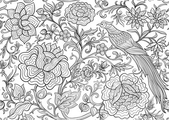 Fantasy flowers and pheasant bird in retro, vintage, chinese silk on velvet embroidery style. Seamless pattern, background. Vector illustration.