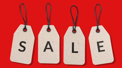 SALE word on cardboard price tag set isolated on red background. Sale sign