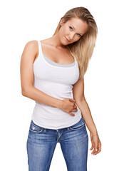 A beautiful young woman wearing casual wear and posing with her hand on her hip Isolated on a PNG background.