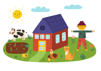Cute farm landscape with scarecrow, hen, cat, cow and farmhouse. Summer green meadow in cartoon style isolated on white background. Garden vector illustration