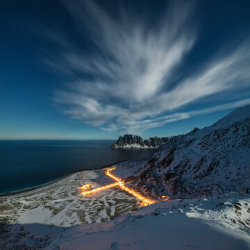 Winter view on moonlit night over Haukland beach from Mannen, Vestv&Atilde;&yen;g&Atilde;&cedil;y, Lofoten Islands, Norway