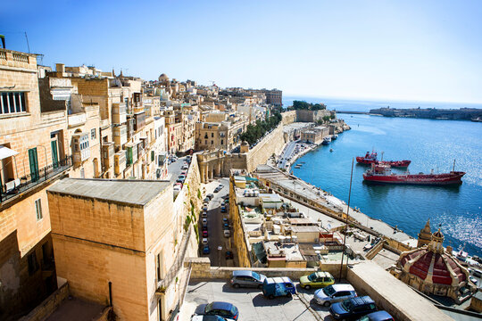 Historic district of Valletta towards port and Mediterranean, Malta