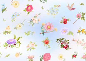 Fantasy flowers and birds in retro, vintage, jacobean embroidery style. Millefleurs seamless pattern, background. Vector illustration. Multicolor.