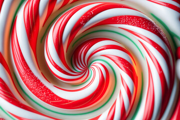 Fototapeta na wymiar Candy cane swirling radial background. Close up view of ice cream or lollipop with depth of field. Generative AI